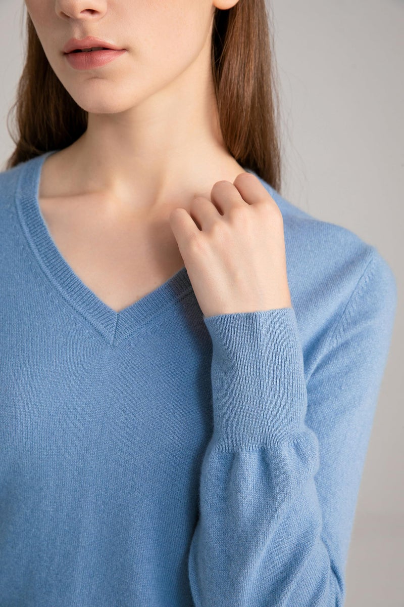 State Cashmere Womenâ€™s Essential V-Neck Sweater 100% Pure Cashmere Classic Long Sleeve Pullover (Bella Blue, Medium) - Image 5